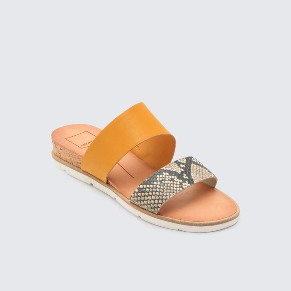 Dolce Vita‎ Mustard & Snakeskin Leather Slide Sandals – Size 8